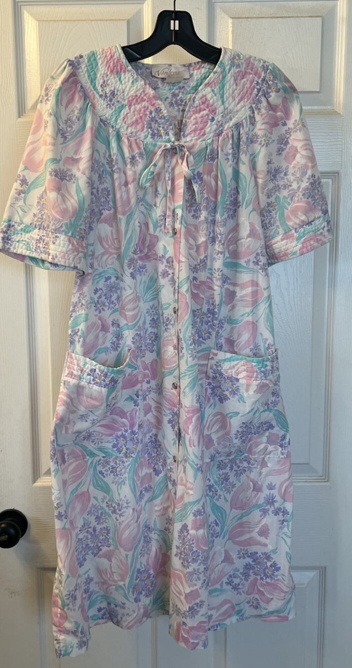 Vintage 80s 90s Vandemere Tulip Housecoat Floral Cotton Blend Grandma Robe Large